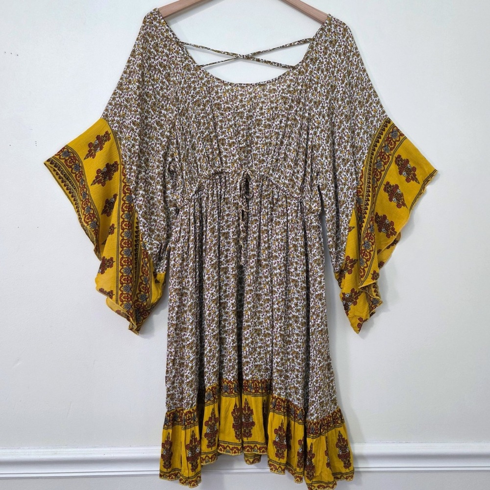 J Gee Bell Flare Sleeve Paisley Boho Dress Sz L Indian Floral Festival Beach